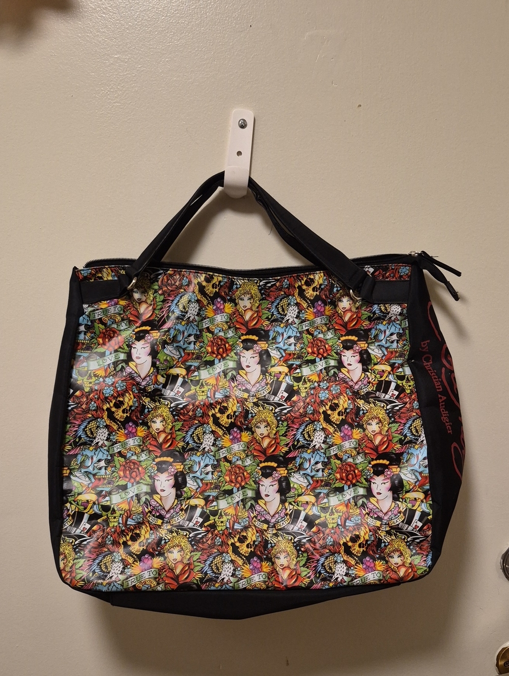 Ed Hardy Multicolor Floral & Portrait Print Tote - Black Trim